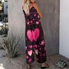 Women Spaghetti Strap Jumpsuit Pink Heart Flower Print Wide Leg Pants With Pockets