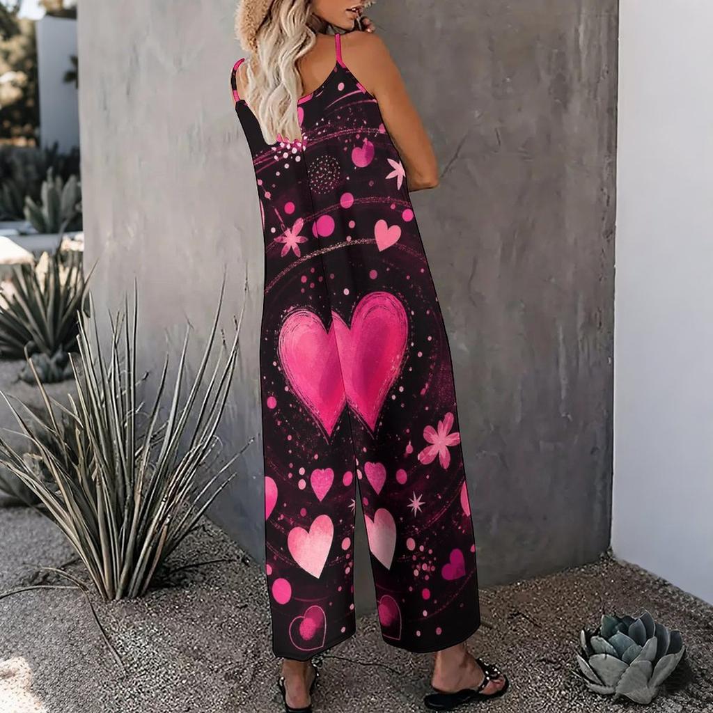 Women Spaghetti Strap Jumpsuit Pink Heart Flower Print Wide Leg Pants With Pockets