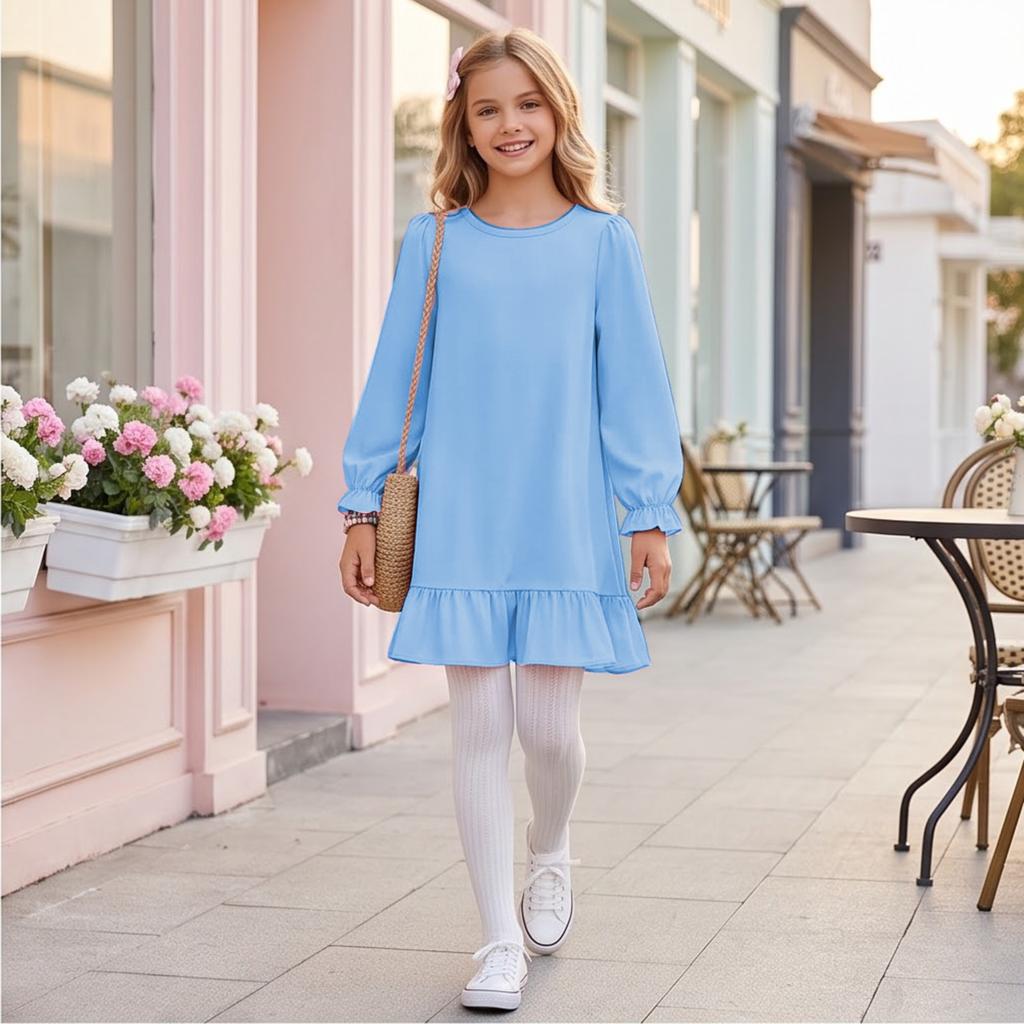 Lässiges Rüschenkleid für Mädchen, Bequemes Farbkleid für Frühling und Herbst zum täglichen Tragen