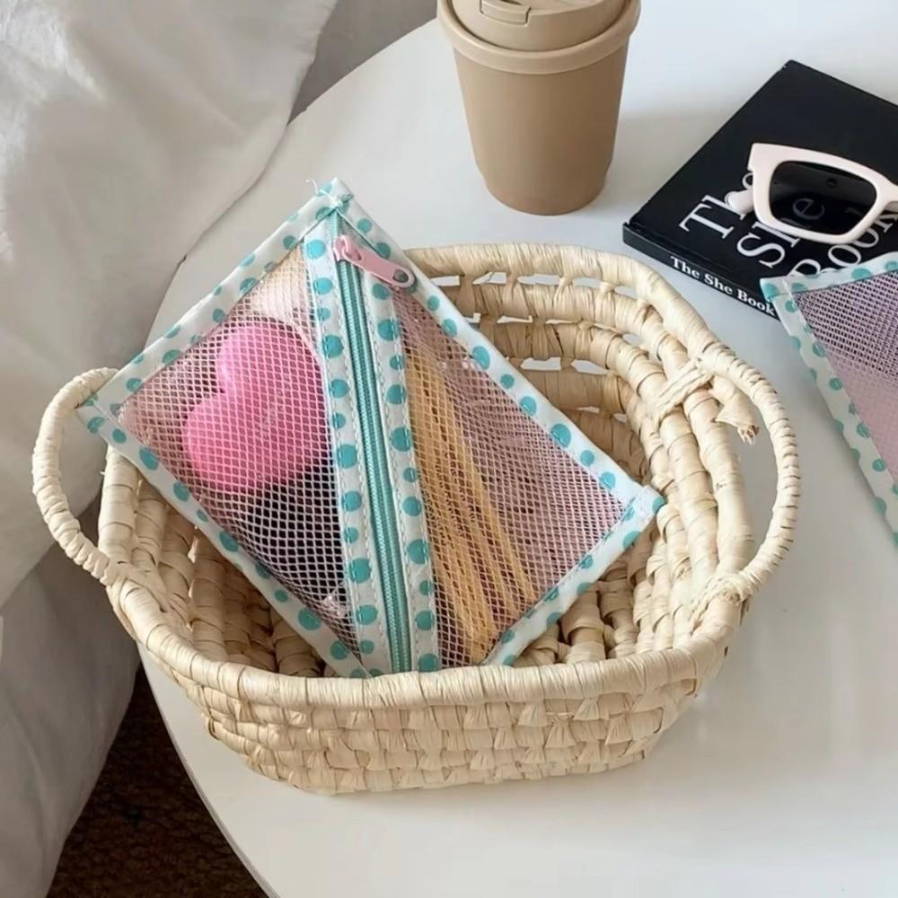 Wide Opening Dot Grid Storage Bag Korean Style Mesh Makeup Bag Small Item Storage