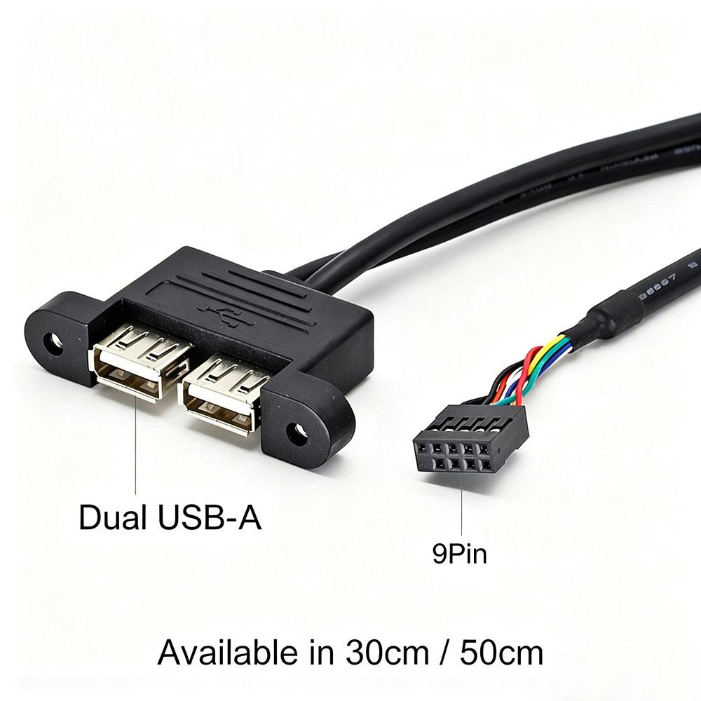 9Pin USB2.0 Internal Cord,Dual USB-A Panel Mount Female,2.54mm MB Front Header,30cm/50cm Option PC Chassis Front Panel DIY