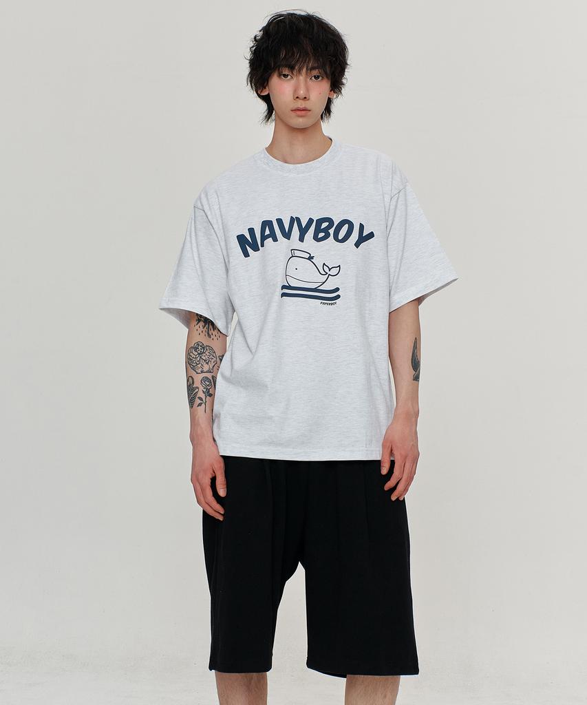 PAPERBOY [Set] Navy Boy Short Sleeve Half Pants Set-White Melange