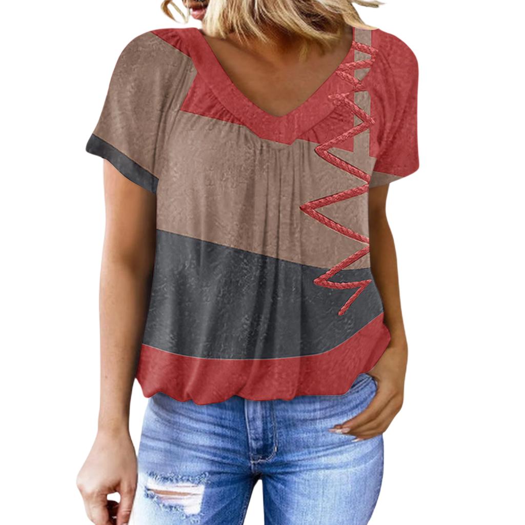 Women's Casual V Neck Short Sleeve Top Geometric Print Pleated Design Lightweight Soft Fabric Blouse for Everyday Wear