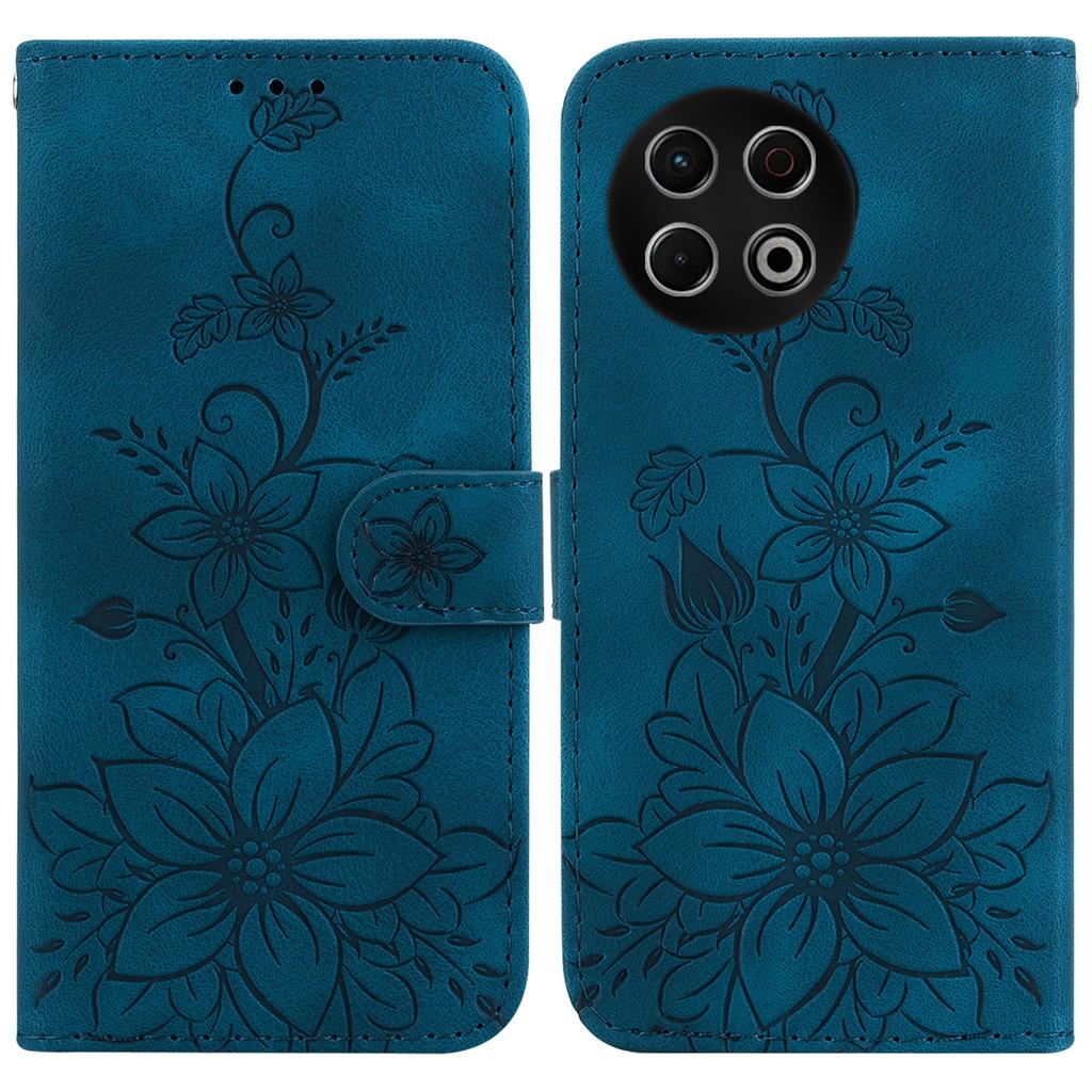 For TECNO Spark 30 Pro 4G Stand Case Lily Flower Imprint Leather Phone Cover with Wrist Strap