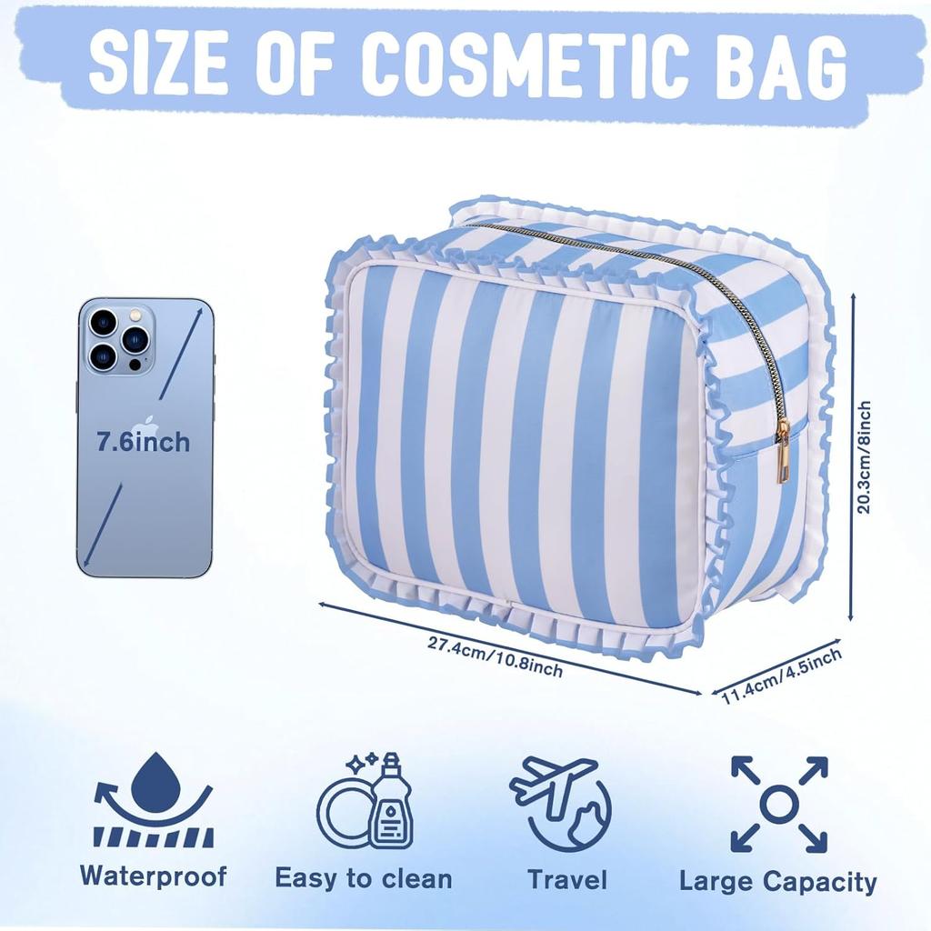 Stripe Ruffle Makeup Bag,Large Travel Cute Cosmetic Bag for Women Girls,Toiletry Bag Make Up Organizer 10.8 X 4.5 X 8 Inch (Blue Stripe)