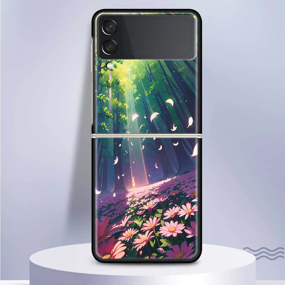 Anime Aesthetic Scenery Hard PC Clear Phone Case Cover for Samsung Galaxy Z Flip 7 6 5 4 3 5G Flip3 Flip4 Flip5 ZFlip6 ZFlip7 Bl