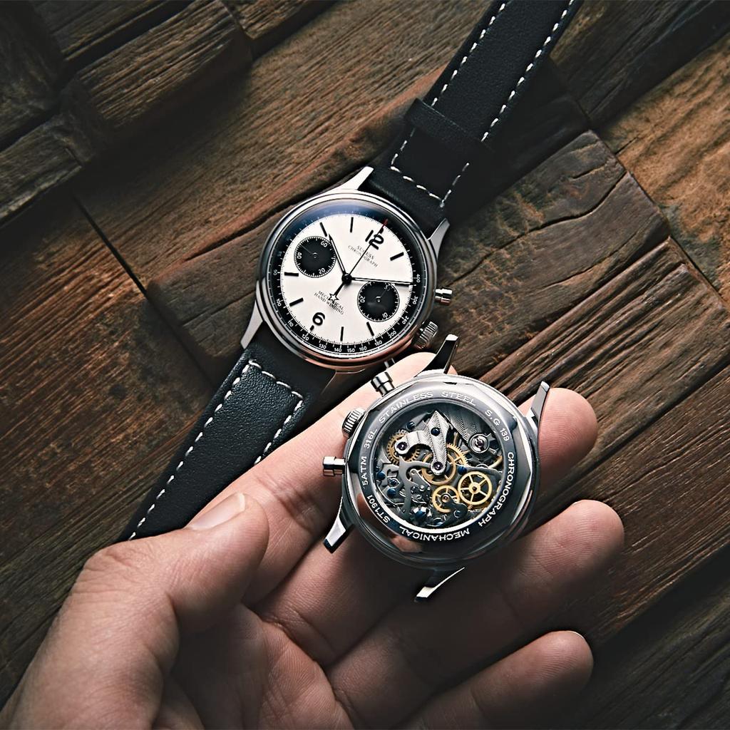 SUGESS Men's Panda Dial Analog Chronograph Watch with Leather Strap and See-Through Back, 38mm (White B)