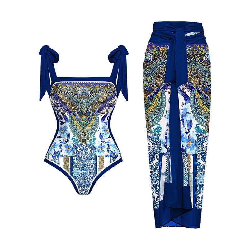 2Pcs/Set Women Printing Monokini with Skirt Sling Bandeau One-Piece Hot Spring Swimsuit with Beach Cover Up