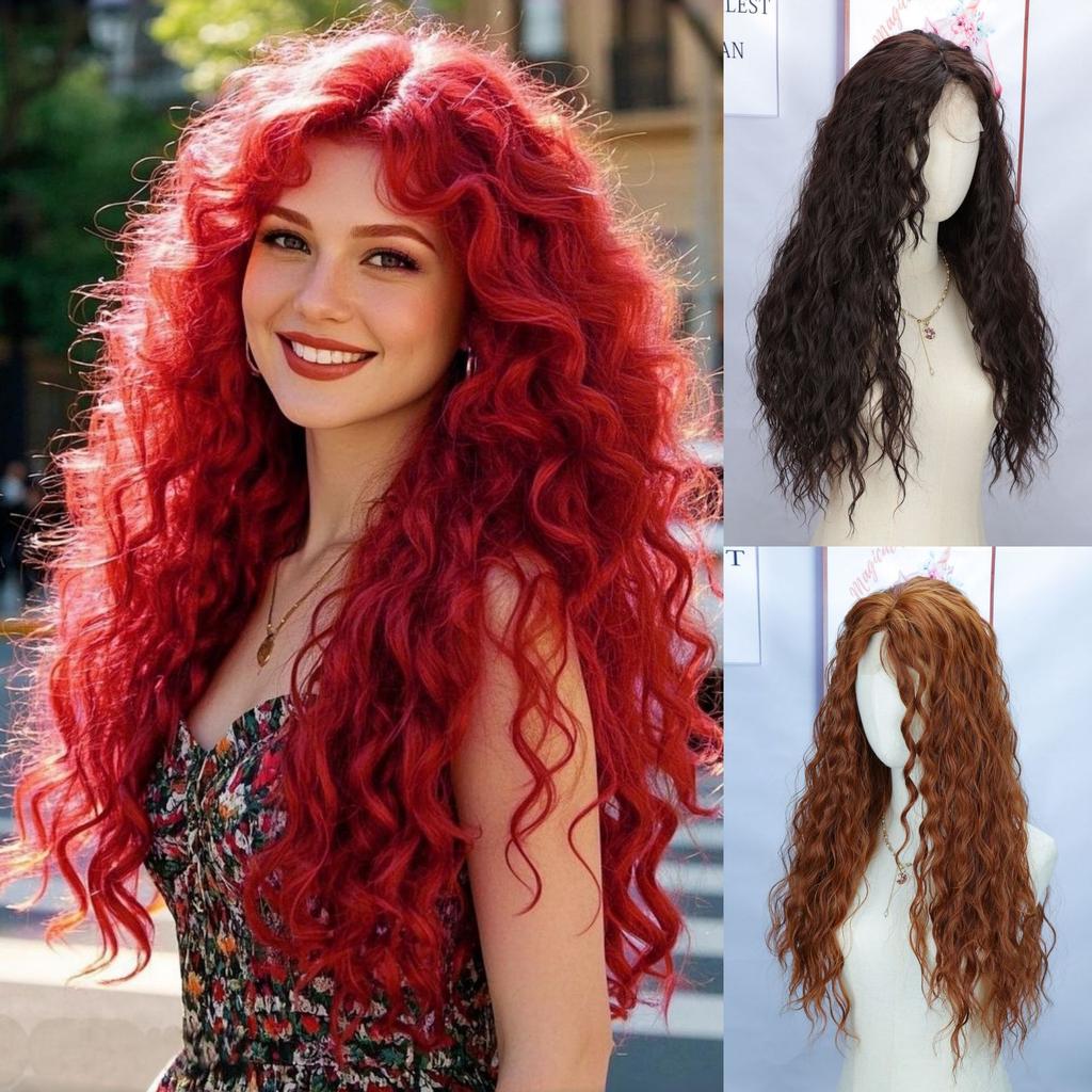 European American Mermaid Princess Red Long Curly Hair Glueless Lace Scalp Full Cap Wig Korean Style Machine Made Realistic High