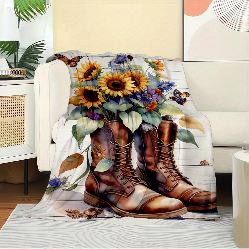 For Boots,Sunflowers,Butterflies-Themed Flannel Blanket, Glam Style, Digital Print, All-Season Comfort, Tear-Resistant, Knitted Craftsmanshi