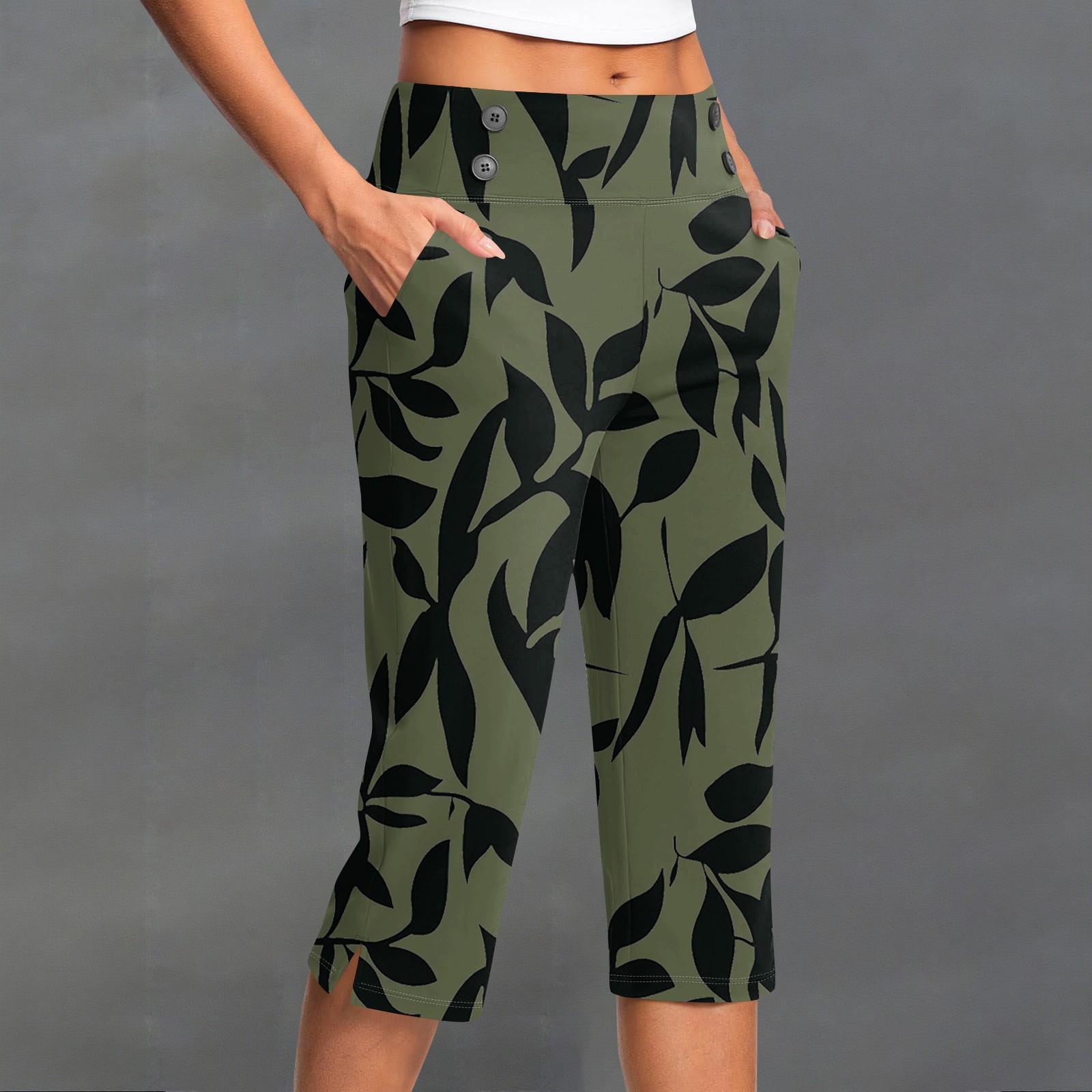 

Women s Vintage Floral Print Button Pocket Trousers Slit High Waist Sports Yoga Casual Pants S