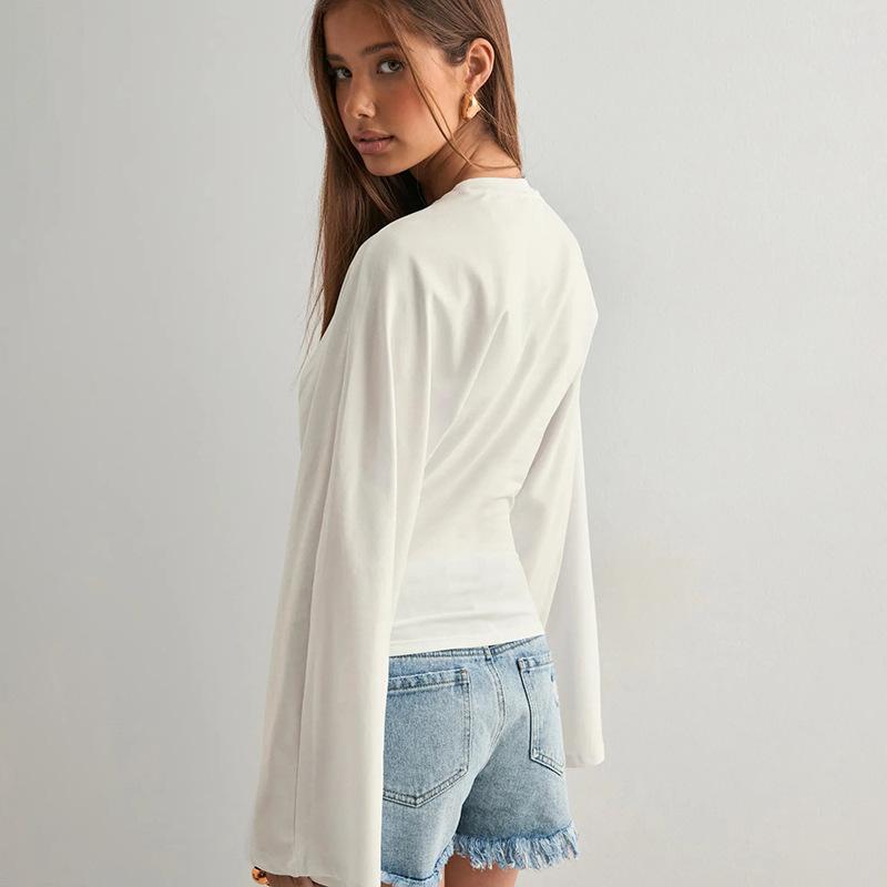 Y25TP201 European and American Women's Solid Color Round Neck, Wide Sleeve, Cinched Waist Sexy Long Sleeve Top