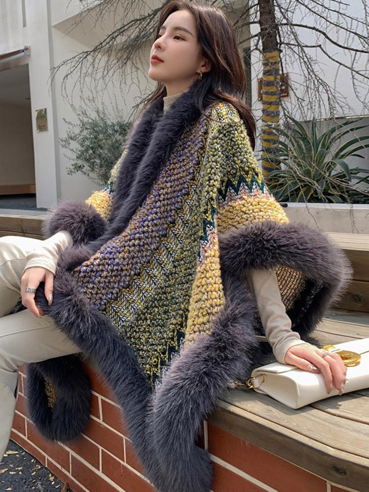New Faux Fur Collar Imitation Cashmere Elegant Women Scarf Winter Striped Poncho Warm Thick Wrap Capa Para Mujer Pashmina Shawl