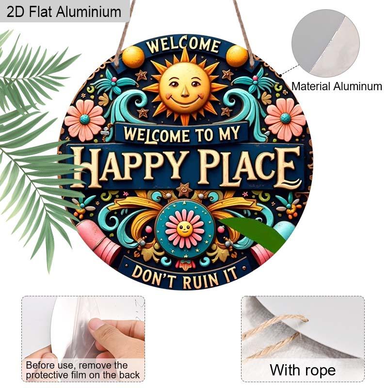 2D Flat 1pc Welcome Aluminum Hanging Plaque, Colorful Sun and Floral Welcome Signs, Porch Decor, Patio Decor, Whimsical Home Entrance Decor
