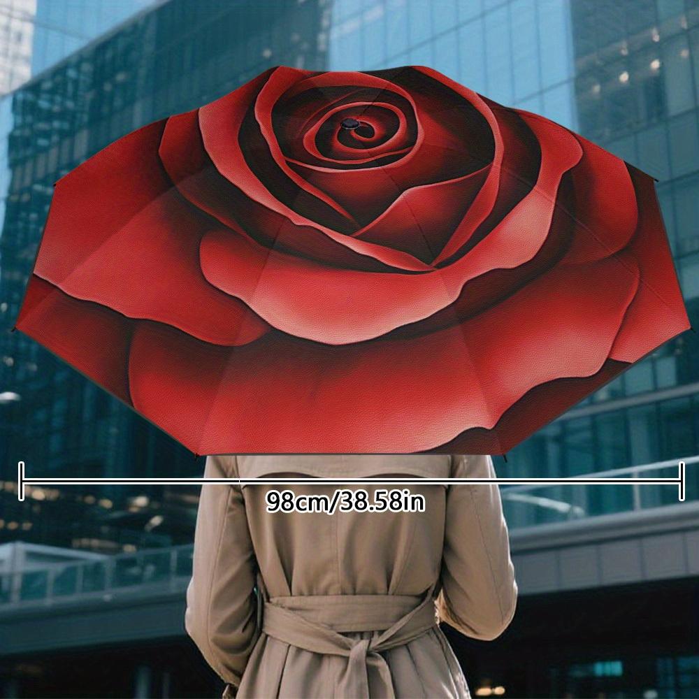 1pc Luxury Automatic Open/Close Folding Umbrella with Elegant Red Rose Spiral Print - Compact 8-Rib Parasol, Automatic Open/Cl
