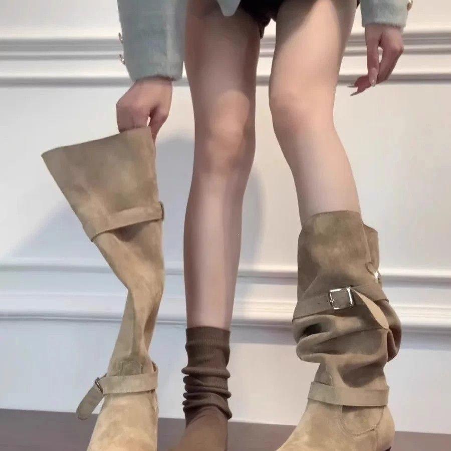 Coarse Heel Retro Boots Women's Belt Buckle Pleated Pile Boots Tall Skinny Western Cowboy Boots