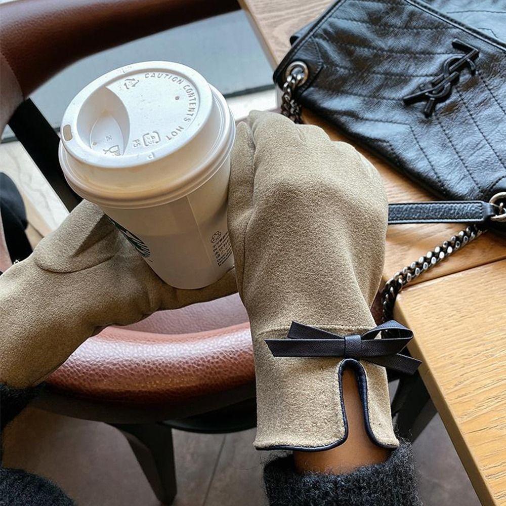 Bowknot Plush Driving Gloves Anti-slip Outdoor Riding Mittens Elasticity Soft Gloves  Motorcycle