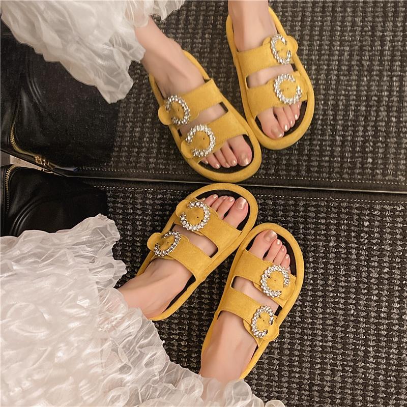 Fashion Crystal Metal Buckle Flip-Flops Women's Fashion Round Toe Open Toe Flannelette Slip Strap Soft Sole Non-Slip Plus Size Flats