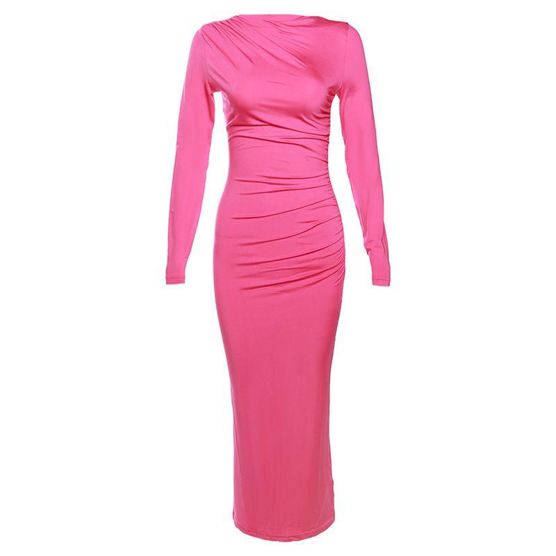 INS Fashion Style 2024 New Arrival Women's Clothing Fashion Round Neck Long Sleeves Silm Hip Bag Pure Color Elegant Dress