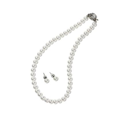 Hergestellt in Japan, natürliche, hochwertige Perlenmuschel, 8 mm Perlenkette, 2-teiliges Set, Etui, Garantie inklusive, Größe: Weiße Ohrringe [CRANES COLLECTION]