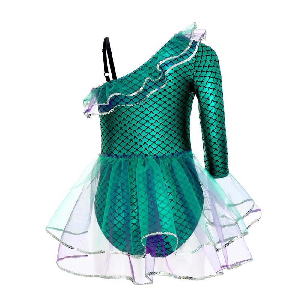Kids Mermaid Print Jumpsuit Long Sleeve Right Mesh Flare Cuff Waist Ruffled Overlay Button Crotch Bodysuit for Stage Costume