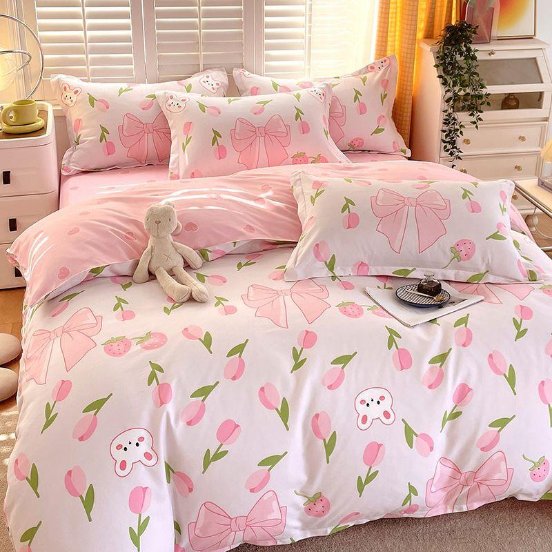 Vierteiliges Bettwäsche-Set, Bettwäsche, Gewaschene Baumwolle Sandgestrahlt Verdickter Bettbezug, Stepplaken, Studentenwohnheim Einzelbettbezug Dreiteiliges Set