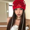 Hollow bow pearl fringed bag head hat women's retro fashion versatile face small knitted pile hat
