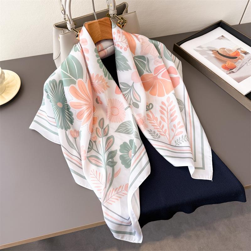 Gentle Idyllic Imitation Silk High-end Large Square Scarf Silk Scarf Printed Shawl Decorative Scarf Sunscreen Headscarf Scarf