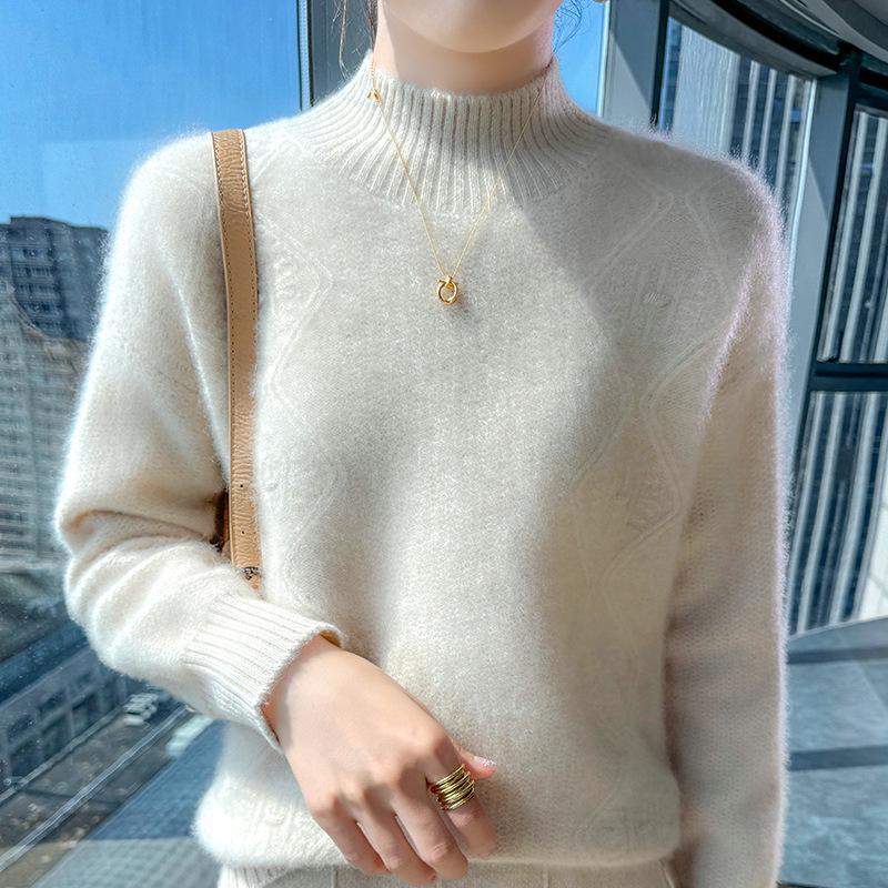 Women's Thick Wool Knit Sweater - Ribbed Half-High Neck, Long Sleeve, Loose Fit, Versatile Style.