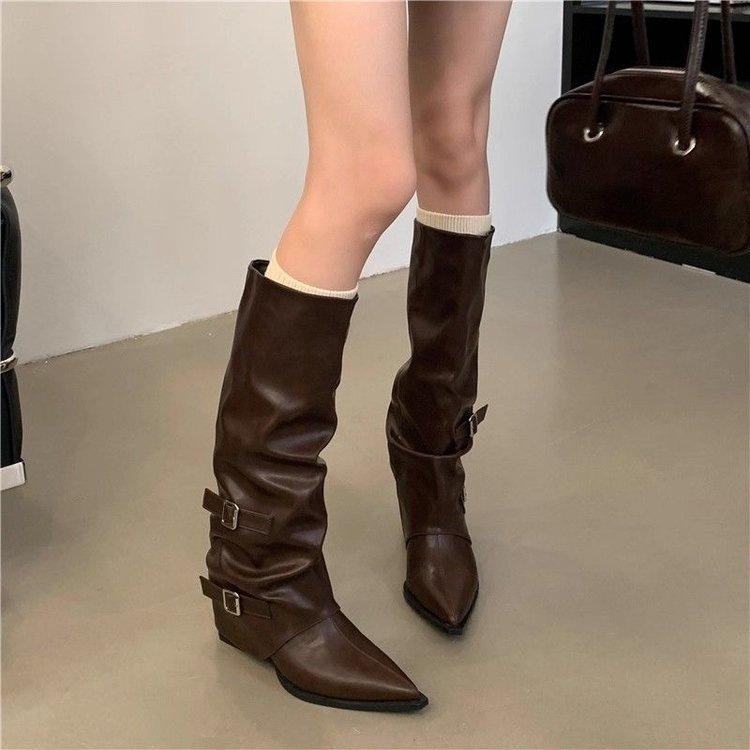 Pointed buckle pleated pile boots thick heel punk style knight boots fried street hot girl high heel boots