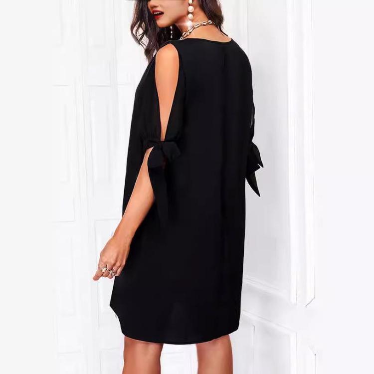 Off Shoulder V Neck Lace Chiffon Dress Sequined Solid Color European American Style