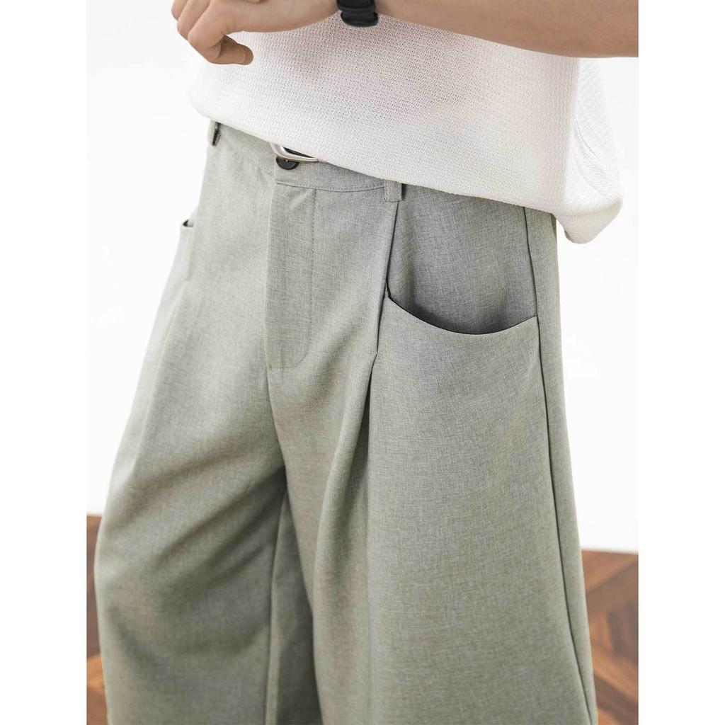Mens Loose Straight Pleated Cropped Casual Pants Imitation Linen Draping Texture