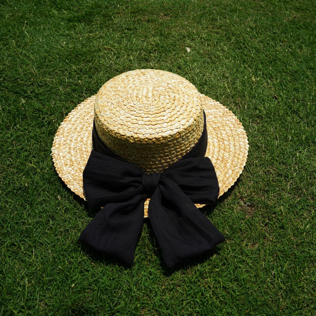 

Japanese Handmade Straw Retro Big Bow Women S Summer Sunshade Sun Protection Wide Brim Flat Top Top Hat Vacation Beach Straw Hat M（56-58cm）