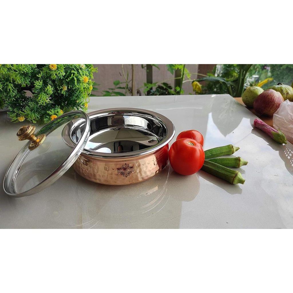 Steel Copper Hammered, Polished Serving Handi with Glass Lid 400 ML - Serving Dishes Chicken Briyani Vegetables Home Hotel Restaurant