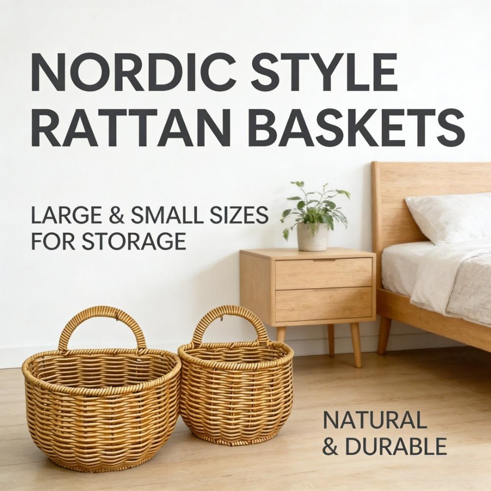 Handwoven Rattan Wall Hanging Basket - Wicker Storage Organizer for Kitchen, Bathroom & Home, Hanging Fruit Basket with Handle