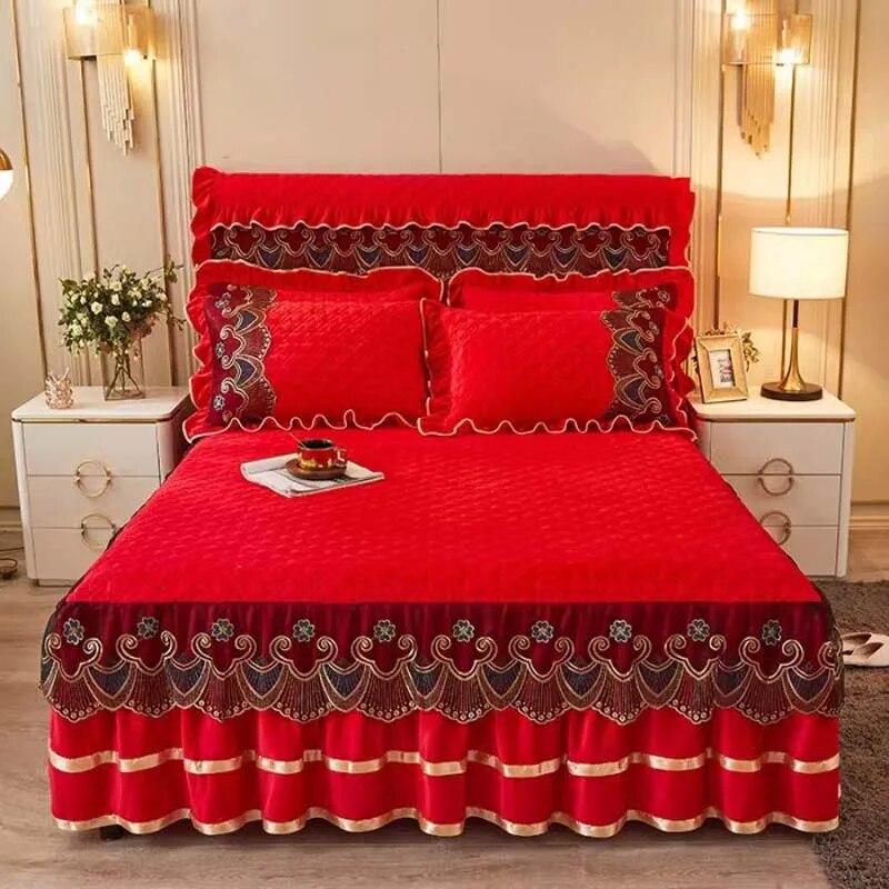 Luxury Lace Embroidery Bed Sheet Thick Velvet Quilted Bed Skirt Queen Size Warm Soft Plush Bedspread  Not Included Pillowcase