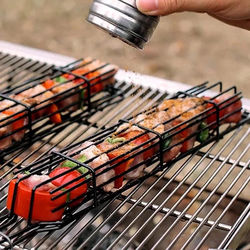 Stainless Steel BBQ Grill Basket Nonstick Barbecue Mesh Holder Portable Grilling Rack For Meat Burger Outdoor Cooking