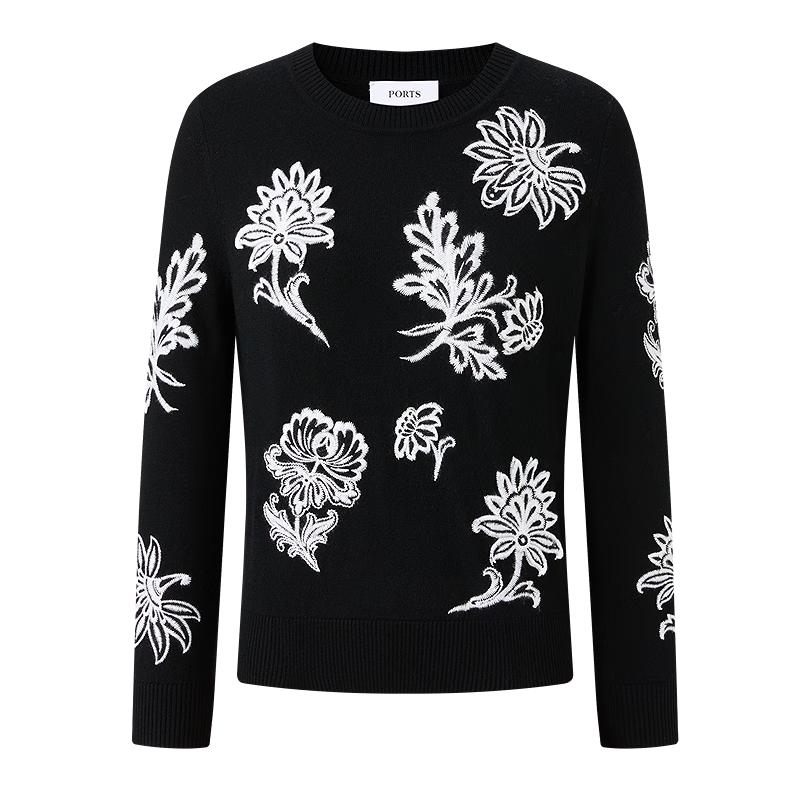 

Женский трикотажный свитер из черной шерсти с вышивкой PORTS M