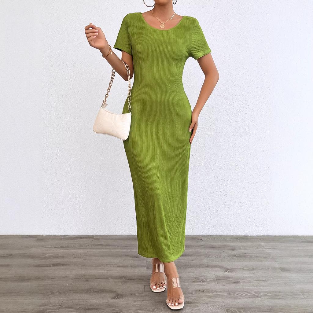 Spring and summer women's clothing new fashion casual solid color round neck slim dress women
