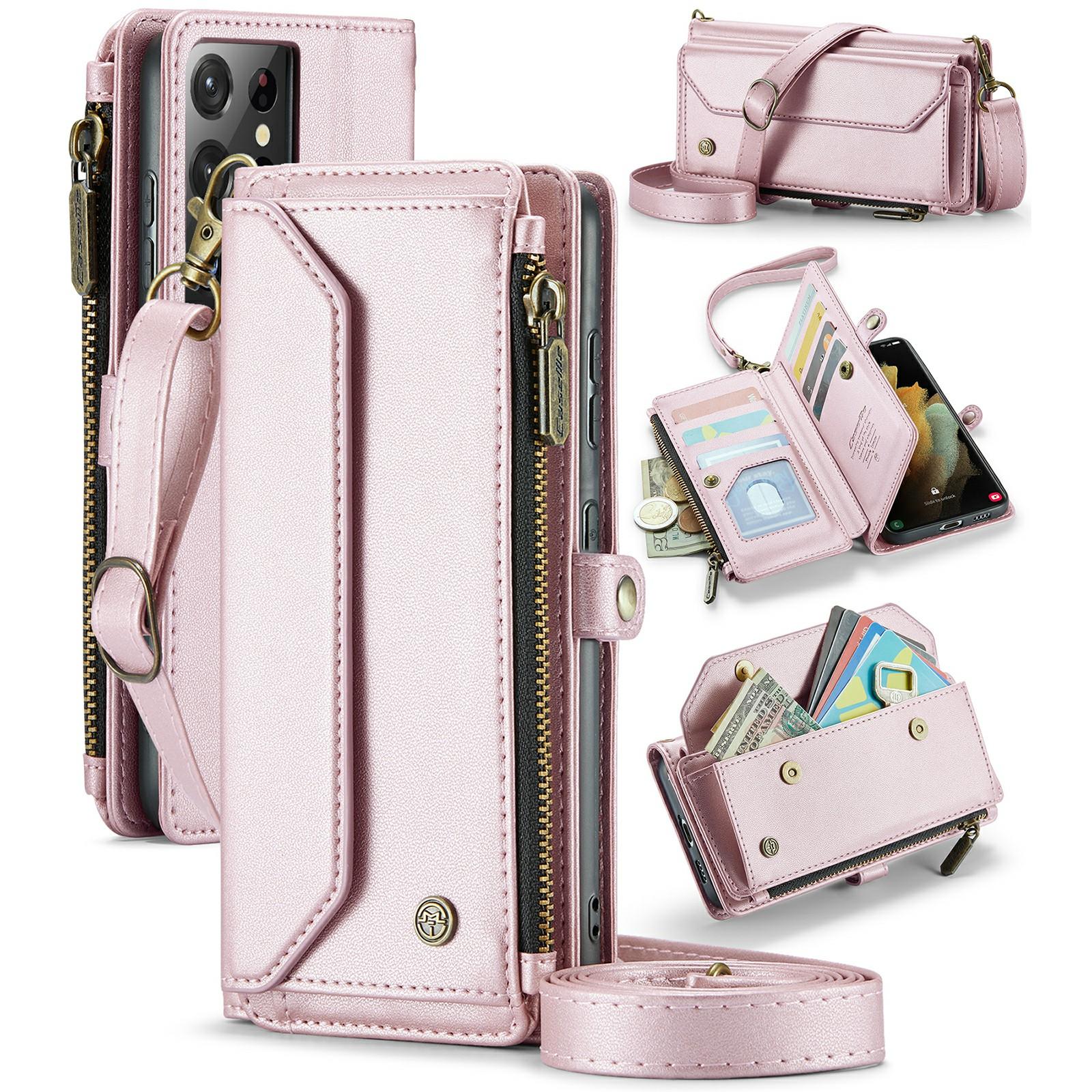 

For Samsung Galaxy S21 Ultra 5G Leather Case CASEME C36 Zipper Multiple Card Slots Phone Cover with Straps Pink