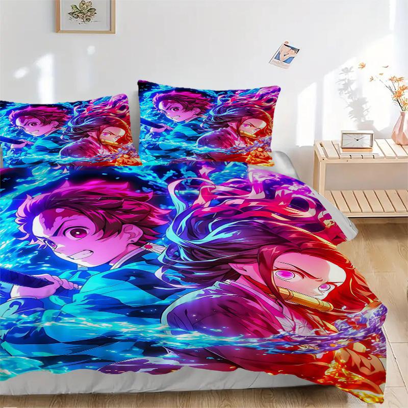 3pcs Two Heroes Clash Demon Slayer Printed Duvet Cover Set (1 * Cover+2 * Pillowcase, Without Core), Suitable for Home Bedroom, Guest Room, Dormi