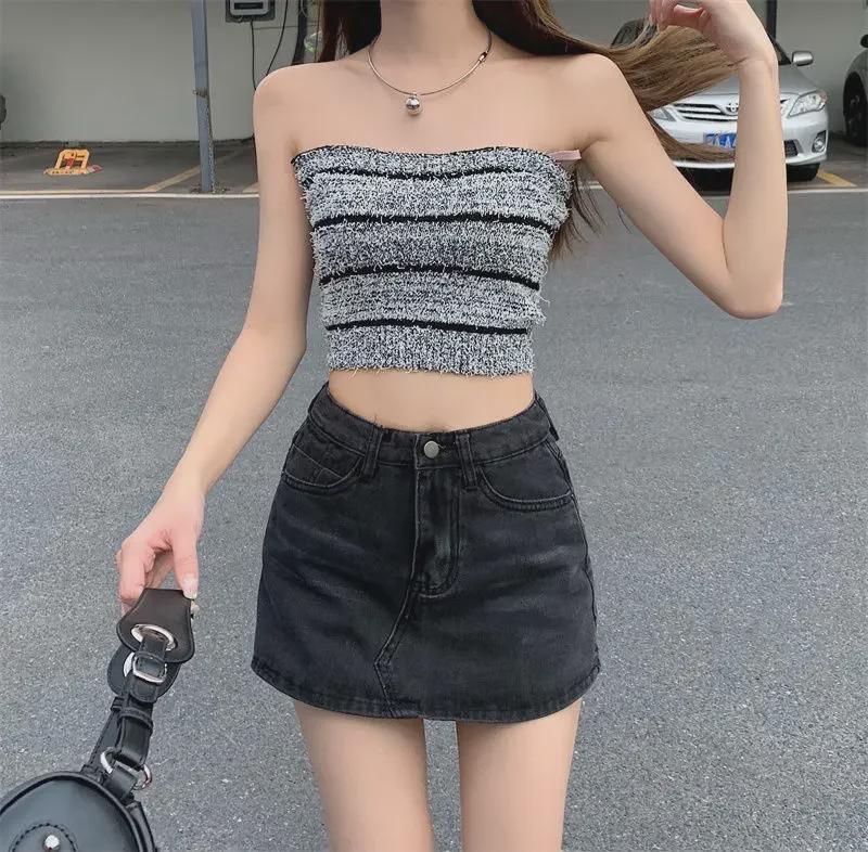 2025 Plus Size Spicy Retro A-line Denim Mini Skirt - High Waist Summer Skirt Pants for Women