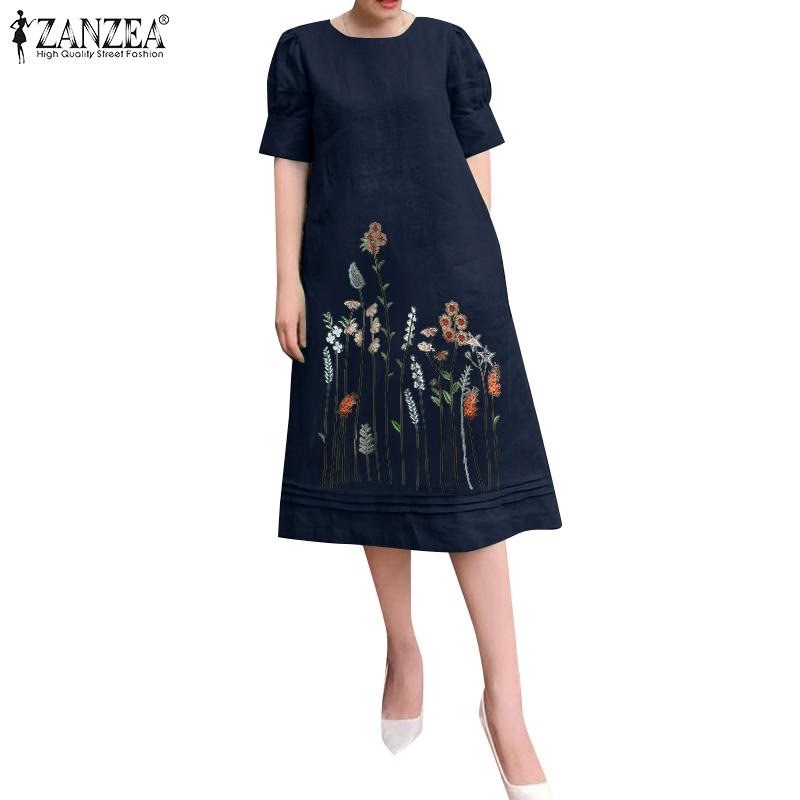 ZANZEA Rochie casual cu mânecă scurtă cu decolteu O cu broderie pentru femei
