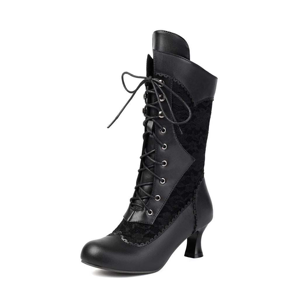 British Style Women'S Medium Boots Women'S Shoes Retro Lace Splicing Thick Heel High Heel Front Lace-Up Versatile Large Size Women'S Shoes