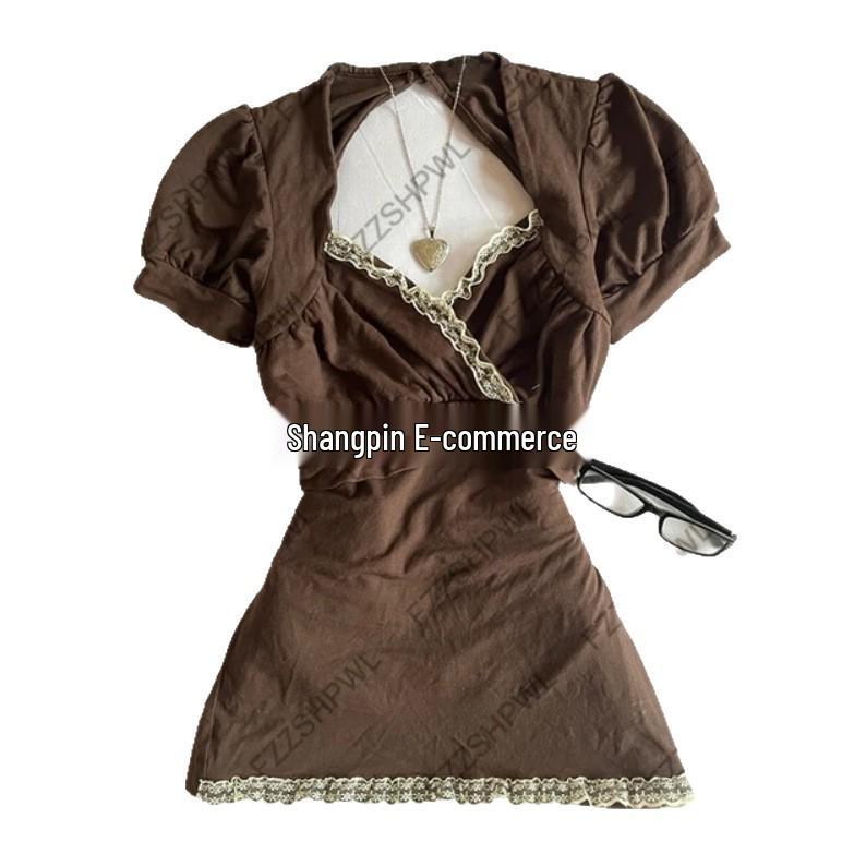 2026 Retro Slimming V-Neck Brown Short-Sleeve T-Shirt for Women