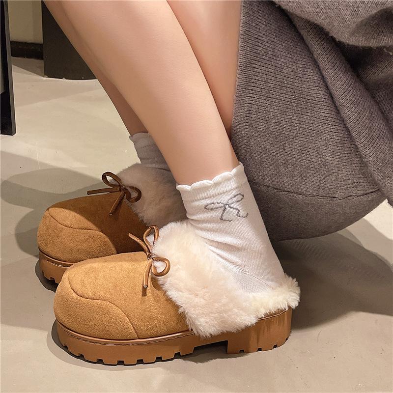 Retro Heightening Shoes Women's Autumn and Winter Outer Wear 2025 New Velvet Warm Bow Bag Head Half Drag Wool Cotton Slippers