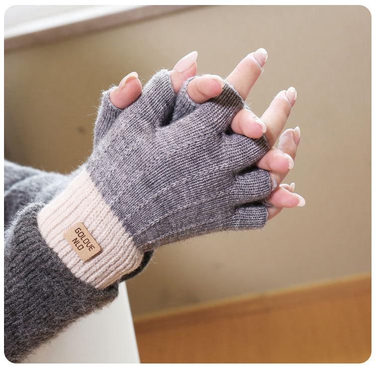Half finger flip gloves winter ladies cute fleece cold-proof warm wool knitted autumn and winter dew fingers