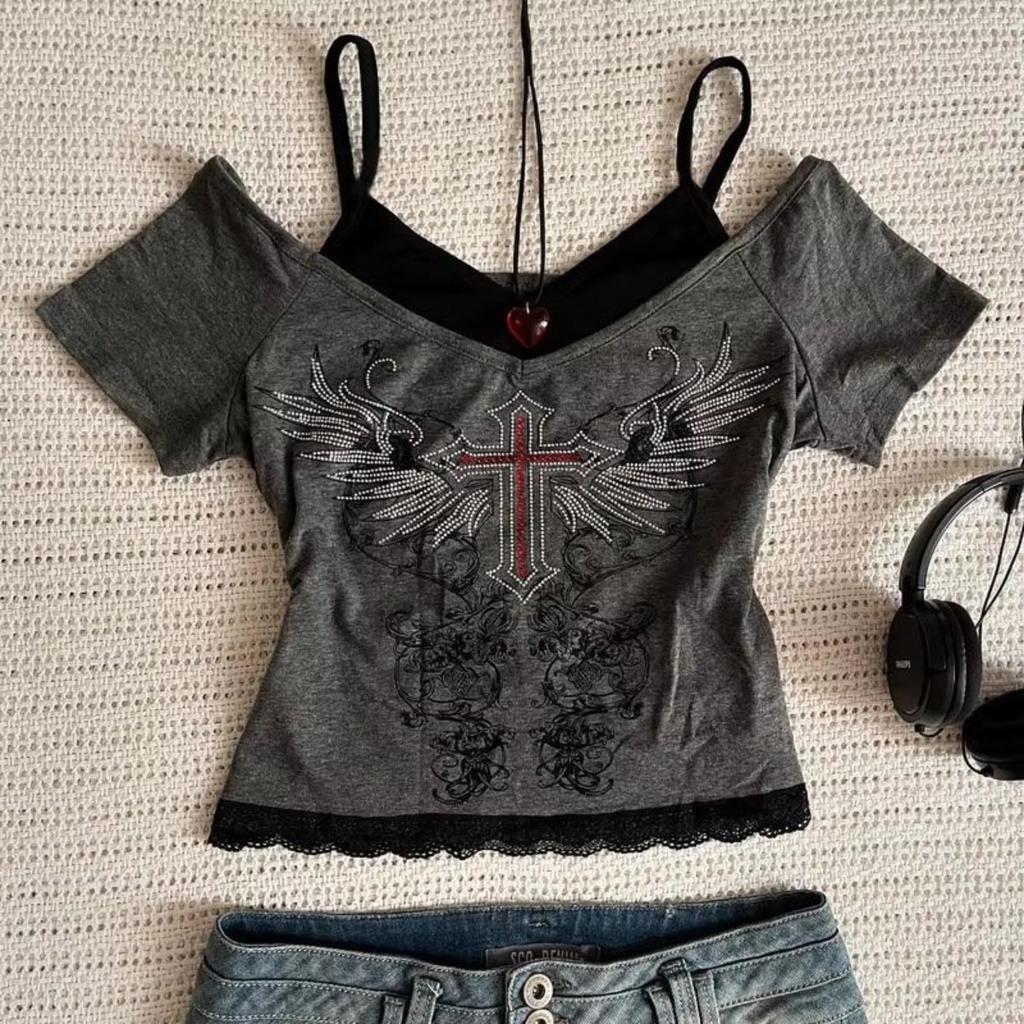 TrendHub Y2k Schlankes Print-Oberteil Damen Schulterfrei Kurzarm T-Shirt Neploe Amerikanischer Vintage Falsches Zweiteiliges Neckholder Schnürung T-Shirts