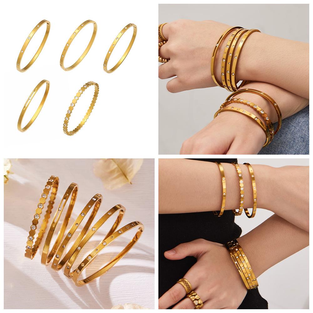 Stainless Steel Geometric Zirconia Bracelet - Chic European American Cross-Border Style Set