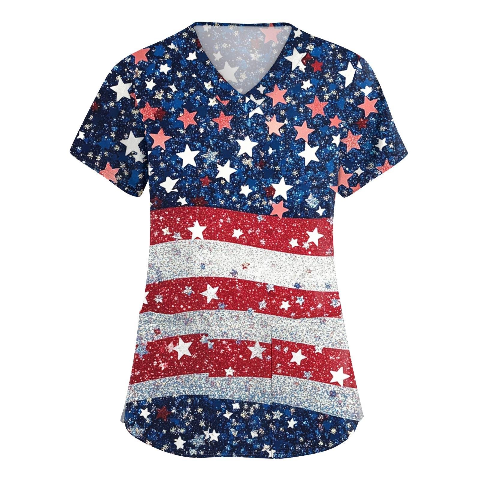 Women s Short Sleeve Independence Day Printed V-Neck Pocket Workwear Top S